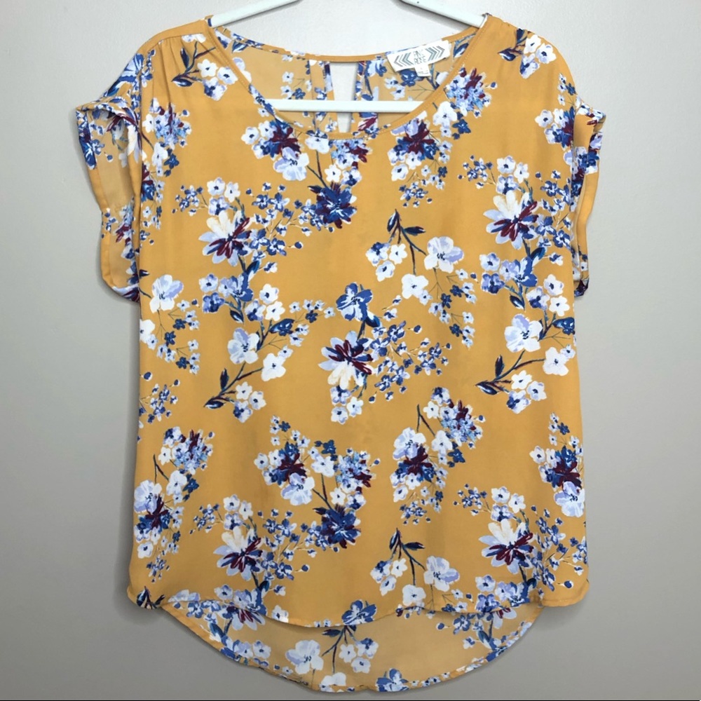 Pink Rose Blouse Mustard Floral Print EUC Large